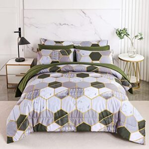 perfemet 8 pieces green king comforter set geometric marble bedding sets king size hexagon honeycomb print bed in a bag soft lightweight bed comforter sets with sheets (green, king)