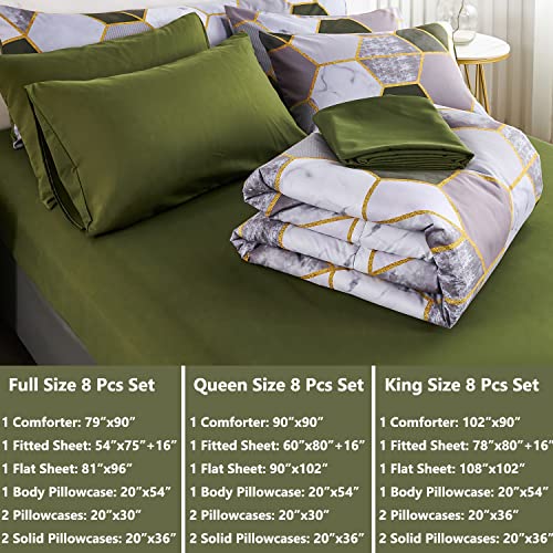 PERFEMET 8 Pieces Green King Comforter Set Geometric Marble Bedding Sets King Size Hexagon Honeycomb Print Bed in A Bag Soft Lightweight Bed Comforter Sets with Sheets (Green, King)