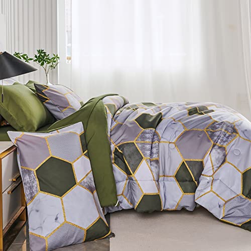 PERFEMET 8 Pieces Green King Comforter Set Geometric Marble Bedding Sets King Size Hexagon Honeycomb Print Bed in A Bag Soft Lightweight Bed Comforter Sets with Sheets (Green, King)