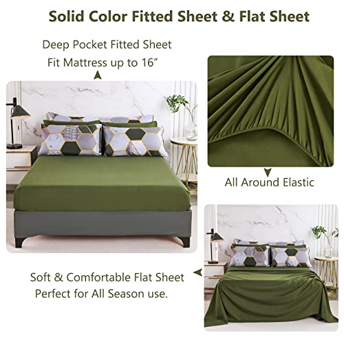 PERFEMET 8 Pieces Green King Comforter Set Geometric Marble Bedding Sets King Size Hexagon Honeycomb Print Bed in A Bag Soft Lightweight Bed Comforter Sets with Sheets (Green, King)