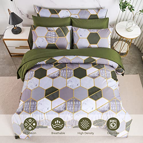 PERFEMET 8 Pieces Green King Comforter Set Geometric Marble Bedding Sets King Size Hexagon Honeycomb Print Bed in A Bag Soft Lightweight Bed Comforter Sets with Sheets (Green, King)