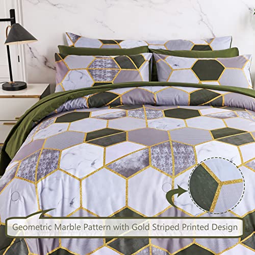 PERFEMET 8 Pieces Green King Comforter Set Geometric Marble Bedding Sets King Size Hexagon Honeycomb Print Bed in A Bag Soft Lightweight Bed Comforter Sets with Sheets (Green, King)