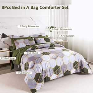 PERFEMET 8 Pieces Green King Comforter Set Geometric Marble Bedding Sets King Size Hexagon Honeycomb Print Bed in A Bag Soft Lightweight Bed Comforter Sets with Sheets (Green, King)