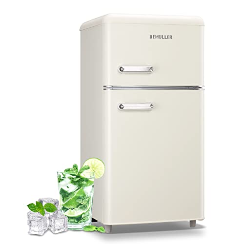 DEMULLER Mini Refrigerator 3.5 Cu.Ft Dual Door Fridge with Handle Adjustable Temperature with Top Mount Freezer Ideal for Home, Office, Dorm White