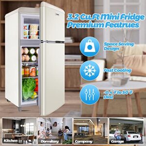 WANAI 3.2 Cu.Ft Mini Fridge Compact Refrigerator with Freezer,7 Level Adjustable Thermostat Removable Shelves Small Refrigerator for Office Dorm Apartment Cream