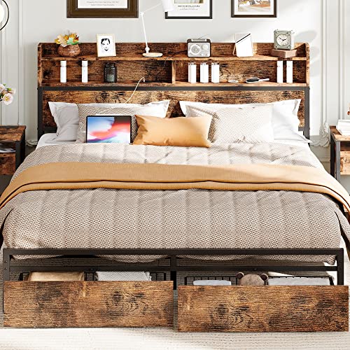 IRONCK Queen Bed Frame with Bookcase Headboard & Drawer & Charging Station,Sturdy Metal Platform Bed, No Noise, No Box Spring Needed, Vintage Brown