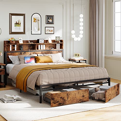 IRONCK Queen Bed Frame with Bookcase Headboard & Drawer & Charging Station,Sturdy Metal Platform Bed, No Noise, No Box Spring Needed, Vintage Brown