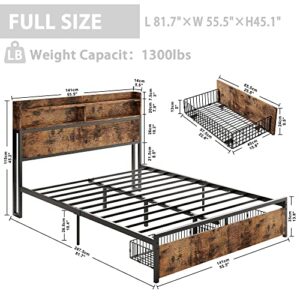 IRONCK Queen Bed Frame with Bookcase Headboard & Drawer & Charging Station,Sturdy Metal Platform Bed, No Noise, No Box Spring Needed, Vintage Brown