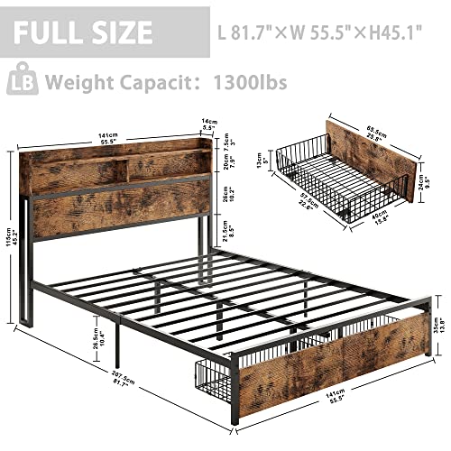 IRONCK Queen Bed Frame with Bookcase Headboard & Drawer & Charging Station,Sturdy Metal Platform Bed, No Noise, No Box Spring Needed, Vintage Brown