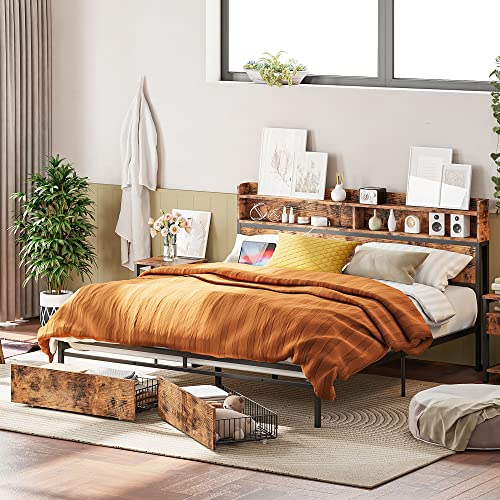 IRONCK Queen Bed Frame with Bookcase Headboard & Drawer & Charging Station,Sturdy Metal Platform Bed, No Noise, No Box Spring Needed, Vintage Brown