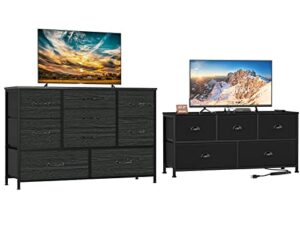 black tv stand dresser with power outlet and wide dresser with 9 large drawers for 55'' for bedroom,living room,closet,entryway,sturdy metal frame