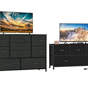 Black TV Stand Dresser with Power Outlet and Wide Dresser with 9 Large Drawers for 55'' for Bedroom,Living Room,Closet,Entryway,Sturdy Metal Frame