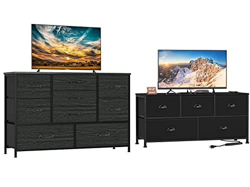 Black TV Stand Dresser with Power Outlet and Wide Dresser with 9 Large Drawers for 55'' for Bedroom,Living Room,Closet,Entryway,Sturdy Metal Frame