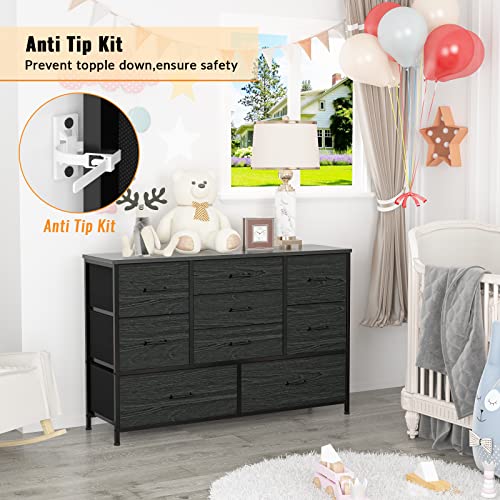 Black TV Stand Dresser with Power Outlet and Wide Dresser with 9 Large Drawers for 55'' for Bedroom,Living Room,Closet,Entryway,Sturdy Metal Frame