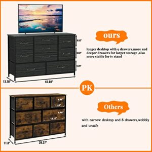 Black TV Stand Dresser with Power Outlet and Wide Dresser with 9 Large Drawers for 55'' for Bedroom,Living Room,Closet,Entryway,Sturdy Metal Frame