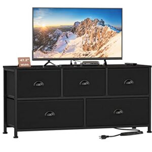 Black TV Stand Dresser with Power Outlet and Wide Dresser with 9 Large Drawers for 55'' for Bedroom,Living Room,Closet,Entryway,Sturdy Metal Frame