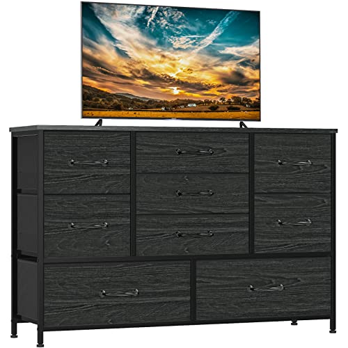 Black TV Stand Dresser with Power Outlet and Wide Dresser with 9 Large Drawers for 55'' for Bedroom,Living Room,Closet,Entryway,Sturdy Metal Frame