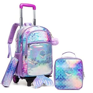 oruiji mermaid rolling backpack for girls backpack with wheels for elementary girls with lunch box wheeled trolley suitcase travel luggage