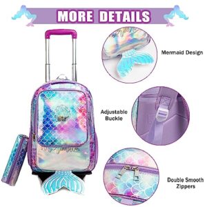 Oruiji Mermaid Rolling Backpack for Girls Backpack with Wheels for Elementary Girls with Lunch Box Wheeled Trolley Suitcase Travel Luggage