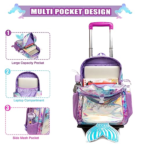 Oruiji Mermaid Rolling Backpack for Girls Backpack with Wheels for Elementary Girls with Lunch Box Wheeled Trolley Suitcase Travel Luggage