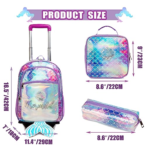 Oruiji Mermaid Rolling Backpack for Girls Backpack with Wheels for Elementary Girls with Lunch Box Wheeled Trolley Suitcase Travel Luggage