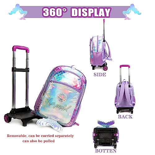 Oruiji Mermaid Rolling Backpack for Girls Backpack with Wheels for Elementary Girls with Lunch Box Wheeled Trolley Suitcase Travel Luggage