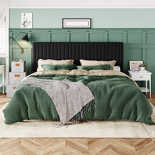 Allewie King Bed Frame, Velvet Upholstered Platform Bed with Adjustable Vertical Channel Tufted Headboard, Mattress Foundation with Strong Wooden Slats, Box Spring Optional, Easy Assembly, Black