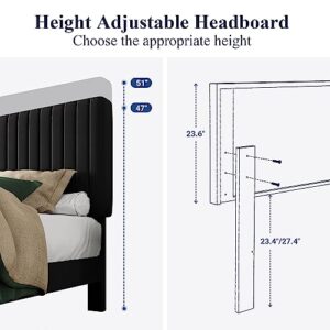 Allewie King Bed Frame, Velvet Upholstered Platform Bed with Adjustable Vertical Channel Tufted Headboard, Mattress Foundation with Strong Wooden Slats, Box Spring Optional, Easy Assembly, Black