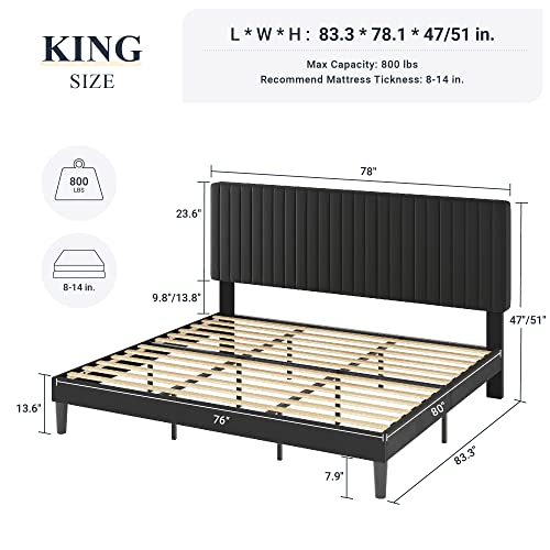 Allewie King Bed Frame, Velvet Upholstered Platform Bed with Adjustable Vertical Channel Tufted Headboard, Mattress Foundation with Strong Wooden Slats, Box Spring Optional, Easy Assembly, Black