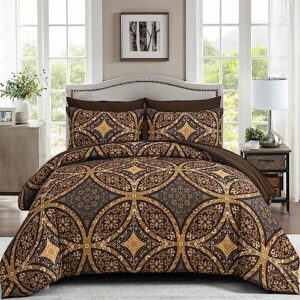 boho comforter set queen, bohemian black bed in a bag bedding set - 7 pieces black and gold reversible comforter for queen size bed, all season warm lightweight boho bed complete set with sheets