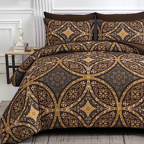 Boho Comforter Set Queen, Bohemian Black Bed in a Bag Bedding Set - 7 Pieces Black and Gold Reversible Comforter for Queen Size Bed, All Season Warm Lightweight Boho Bed Complete Set with Sheets