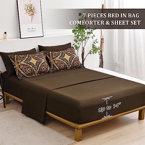 Boho Comforter Set Queen, Bohemian Black Bed in a Bag Bedding Set - 7 Pieces Black and Gold Reversible Comforter for Queen Size Bed, All Season Warm Lightweight Boho Bed Complete Set with Sheets