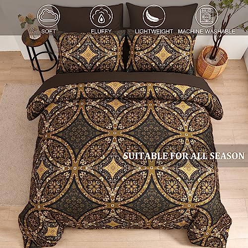 Boho Comforter Set Queen, Bohemian Black Bed in a Bag Bedding Set - 7 Pieces Black and Gold Reversible Comforter for Queen Size Bed, All Season Warm Lightweight Boho Bed Complete Set with Sheets