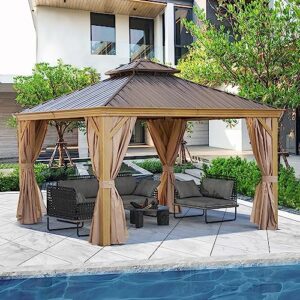 endark 12x12ft hardtop gazebo with galvanized steel double roof, outdoor wood-look aluminum frame canopy with netting and removable zippered curtains, pergolas for patio, garden, lawn and backyard