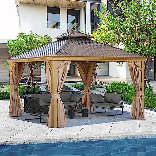 Endark 12x12FT Hardtop Gazebo with Galvanized Steel Double Roof, Outdoor Wood-Look Aluminum Frame Canopy with Netting and Removable Zippered Curtains, Pergolas for Patio, Garden, Lawn and Backyard