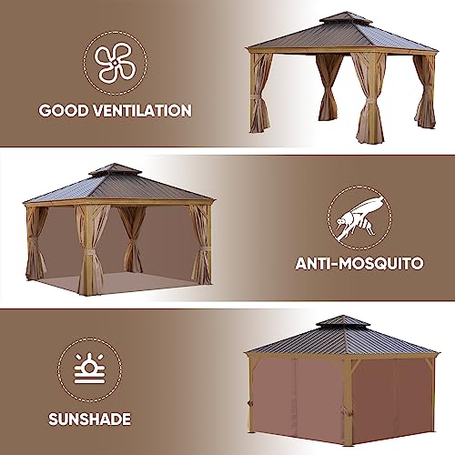 Endark 12x12FT Hardtop Gazebo with Galvanized Steel Double Roof, Outdoor Wood-Look Aluminum Frame Canopy with Netting and Removable Zippered Curtains, Pergolas for Patio, Garden, Lawn and Backyard