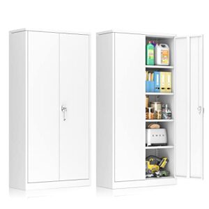 greenvelly white metal storage cabinet, 72" locking storage cabinets with doors and 4 shelves, tall tool storage cabinet for garage, steel lockable file cabinet metal locker for home office, classroom