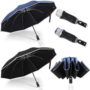 sanwuta 2 pcs folding led umbrella travel umbrella reflective umbrella compact portable parasol waterproof umbrella auto open close golf umbrella, black and blue