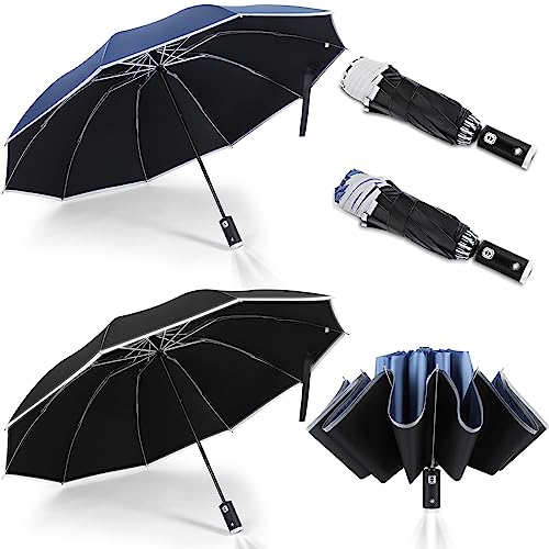 Sanwuta 2 Pcs Folding LED Umbrella Travel Umbrella Reflective Umbrella Compact Portable Parasol Waterproof Umbrella Auto Open Close Golf Umbrella, Black and Blue