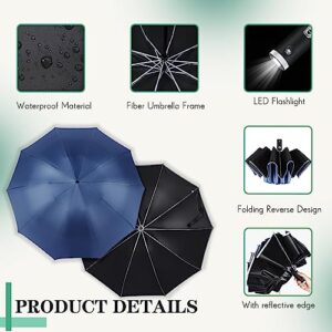 Sanwuta 2 Pcs Folding LED Umbrella Travel Umbrella Reflective Umbrella Compact Portable Parasol Waterproof Umbrella Auto Open Close Golf Umbrella, Black and Blue