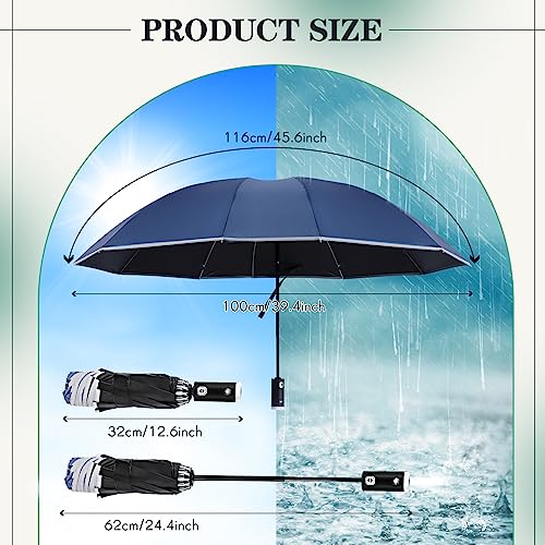 Sanwuta 2 Pcs Folding LED Umbrella Travel Umbrella Reflective Umbrella Compact Portable Parasol Waterproof Umbrella Auto Open Close Golf Umbrella, Black and Blue
