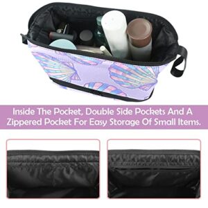 Double Layer Cosmetic Bag Travel Makeup Organizer with Brush Compartment, Roomy Toiletry Bag Makeup Brush Bags for Women and Girls - Beautiful Rainbow Peal Shell