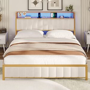 BTHFST Queen Bed Frame, LED Bed Frame with Storage Headboard, USB Ports & Outlets, Upholstered Platform Bed Frame, Sturdy Bed Foundation, Creamy White & Gold