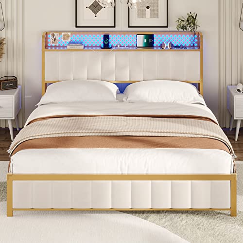 BTHFST Queen Bed Frame, LED Bed Frame with Storage Headboard, USB Ports & Outlets, Upholstered Platform Bed Frame, Sturdy Bed Foundation, Creamy White & Gold