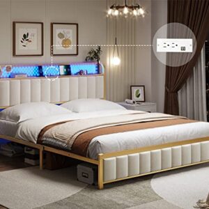 BTHFST Queen Bed Frame, LED Bed Frame with Storage Headboard, USB Ports & Outlets, Upholstered Platform Bed Frame, Sturdy Bed Foundation, Creamy White & Gold