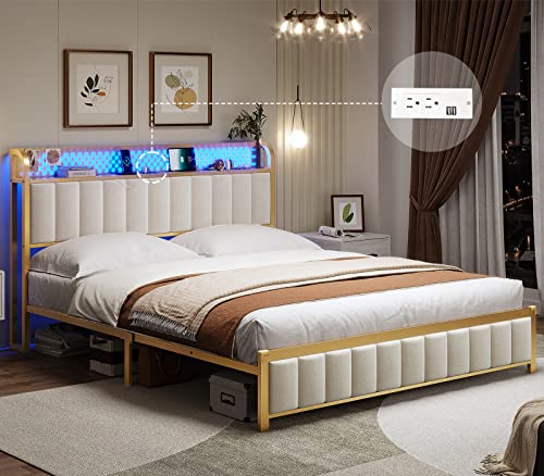 BTHFST Queen Bed Frame, LED Bed Frame with Storage Headboard, USB Ports & Outlets, Upholstered Platform Bed Frame, Sturdy Bed Foundation, Creamy White & Gold