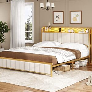 BTHFST Queen Bed Frame, LED Bed Frame with Storage Headboard, USB Ports & Outlets, Upholstered Platform Bed Frame, Sturdy Bed Foundation, Creamy White & Gold