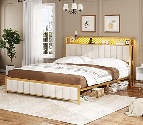 BTHFST Queen Bed Frame, LED Bed Frame with Storage Headboard, USB Ports & Outlets, Upholstered Platform Bed Frame, Sturdy Bed Foundation, Creamy White & Gold