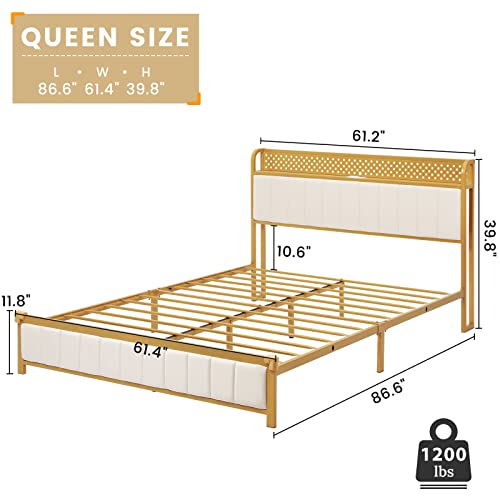 BTHFST Queen Bed Frame, LED Bed Frame with Storage Headboard, USB Ports & Outlets, Upholstered Platform Bed Frame, Sturdy Bed Foundation, Creamy White & Gold