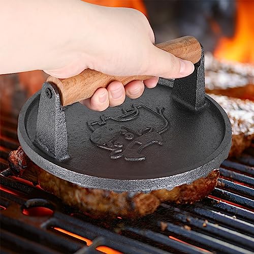 Finderomend Hamburger Press,Cast Iron Grill Press,Heavy Duty Smash Meat,Bacon,Steak & Burger Press with Wooden Handle for Blackstone Pitboss Weber Treager Griddle (Calf-Round 1)